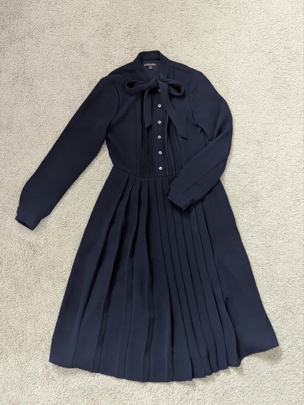 Brooks Brothers Navy Long-Sleeve Pleated Bow Tie Dress
